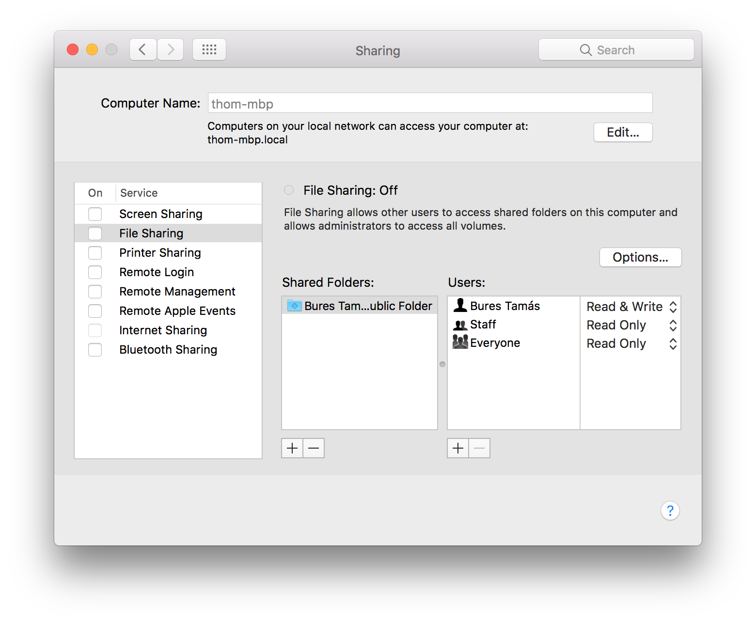 macOS hostname beállítások ablak