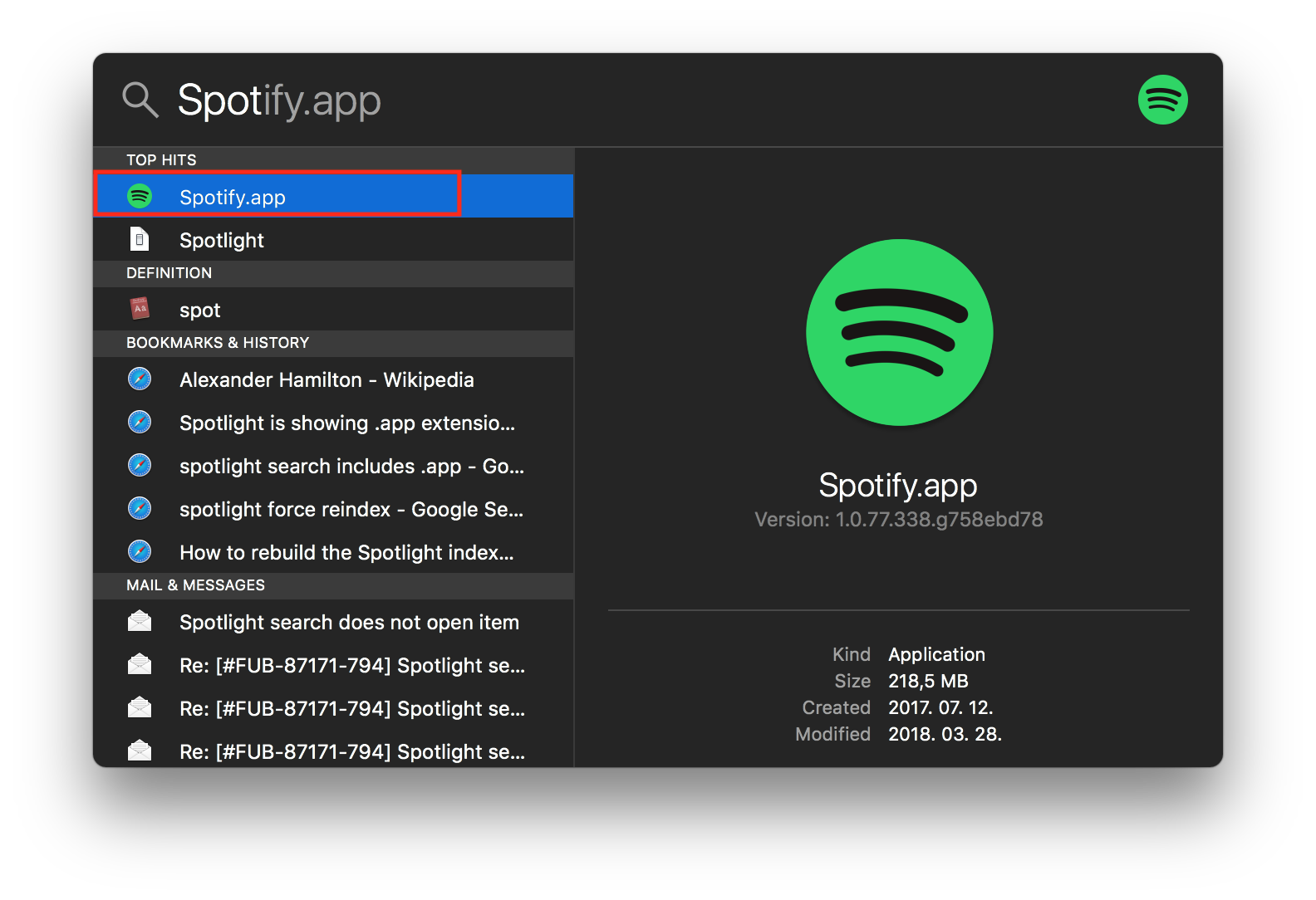 Spotlight search result